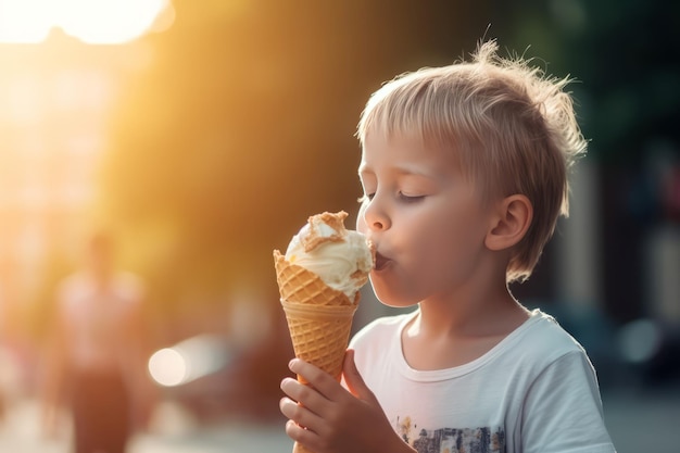 Kind isst Eis Sommerlächeln Generieren Sie Ai