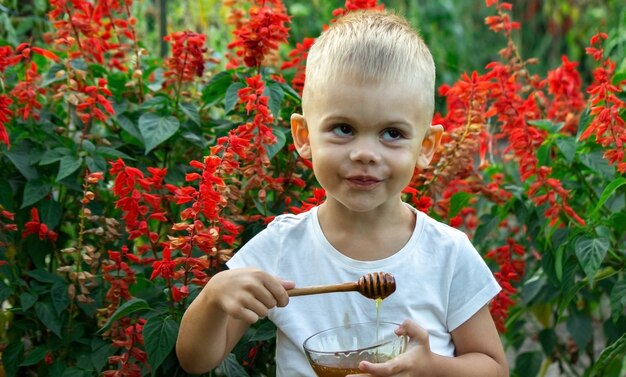 Kind isst Honig im Garten.