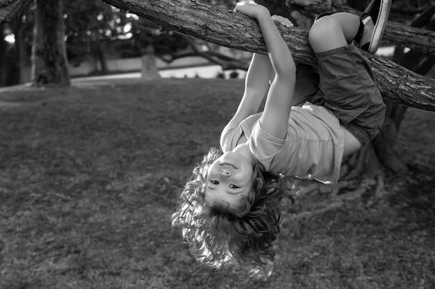 Kind klettert auf einen Baum, lustiger Kletterjunge, glücklicher Junge, der den Sommertag in einem Garten genießt