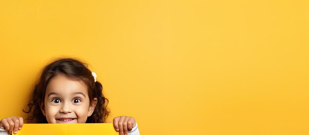 Foto kind lächelt hinter gelbem papier für werbung