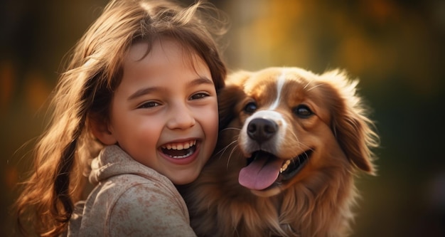 Kind lächelt mit Hund im Hundepark