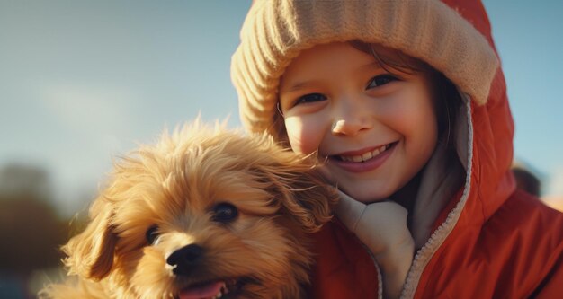 Kind lächelt mit Hund im Hundepark