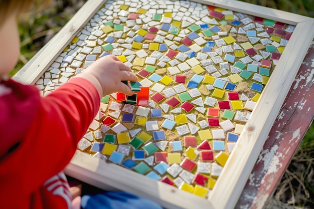 Kind legt helle Fliesen auf einen einfachen Mosaikrahmen im Freien
