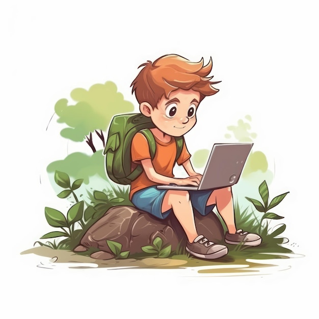 Kind lernt mit einem Laptop mitten in der Natur auf weißem Hintergrund. Cartoon-Illustration