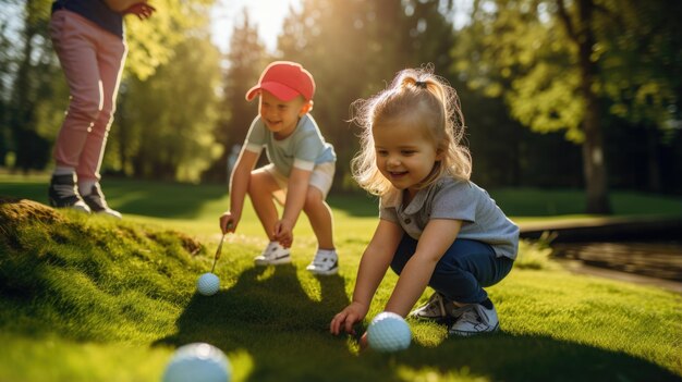 Foto kind lernt mit einem trainer auf dem platz golf zu spielen