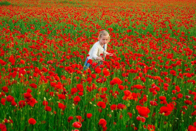 Kind Mädchen ruht in einer Frühlingswiese Mohnblumen Kinder spielen auf dem Feld mit Mohnblumen Kleine Mädchen haben Spaß und genießen die Freiheit im Freien Frühlingsblumenblütenwiese Hintergrund