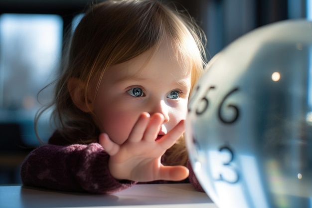 Kind mit Autismus blickt auf die transparente Glasscheibe mit Zahlenpsychologiekonzept