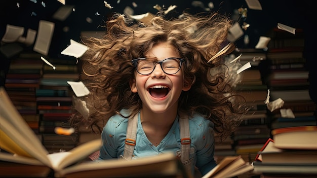 Kind mit Brille und Büchern vor ihrem Gesicht im Stil des freudigen Chaos
