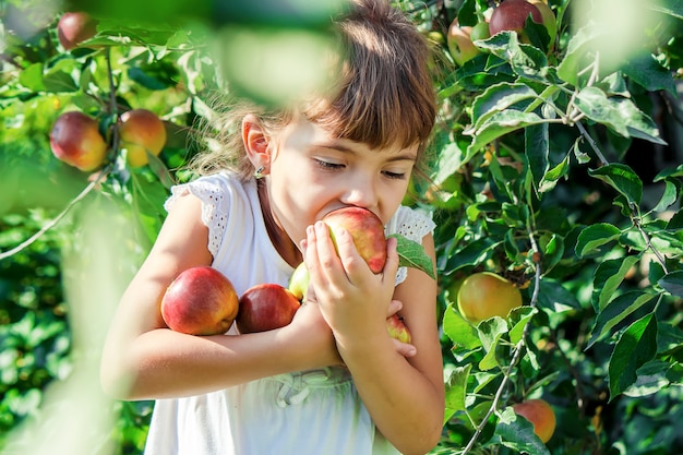 Kind mit einem Apfel Selektiver Fokus Garten.