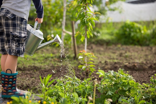 Kind mit Gießkanne Junge, der draußen im Garten hilft