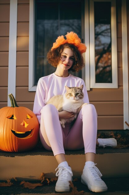 Kind mit Katze im Freien im Vorort gewinnt Halloween-Kostüme und Jack Pumpkin macht Trick or Treat