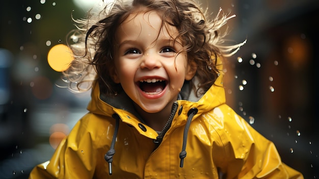 Kind mit Regenmantel und Pfütze Splash Ein Kind, das einen Regen Mantel trägt und freudig in einer Pfütze spritzt