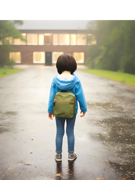 Kind mit Regenmantel und Rucksack Konzept der KI für den Schulanfang generiert