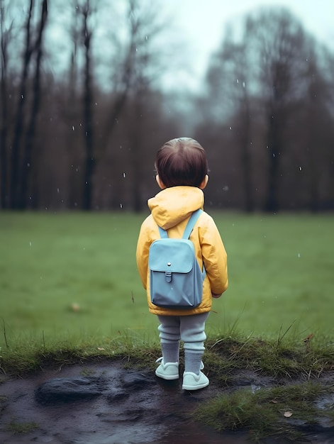 Kind mit Regenmantel und Rucksack Konzept der KI für den Schulanfang generiert