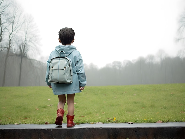Kind mit Regenmantel und Rucksack Konzept der Rückkehr zur Schule KI generiert