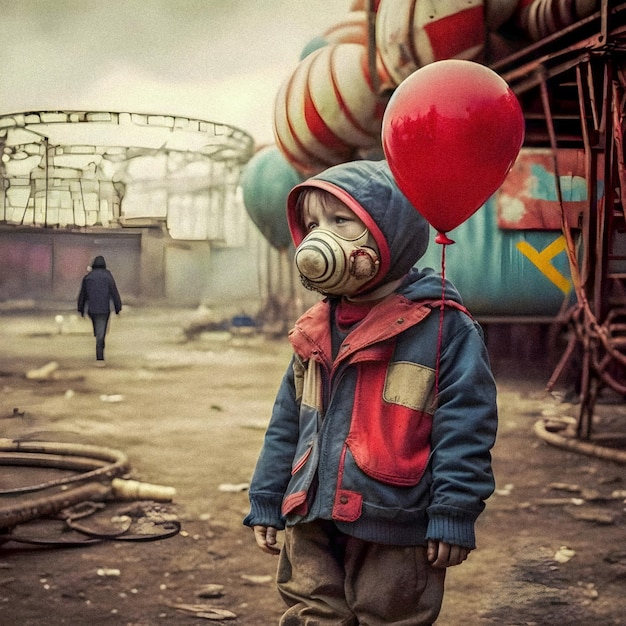 Kind mit rotem Ballon nach körniger Textur des Atomkriegs