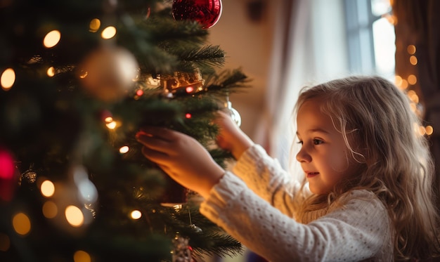 Kind schmückt Weihnachtsbaum zu Hause