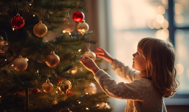 Kind schmückt Weihnachtsbaum zu Hause