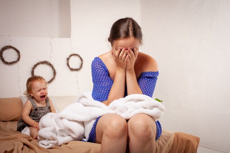 Foto kind schreit hysterisch. die frau hat den schrei des kindes satt