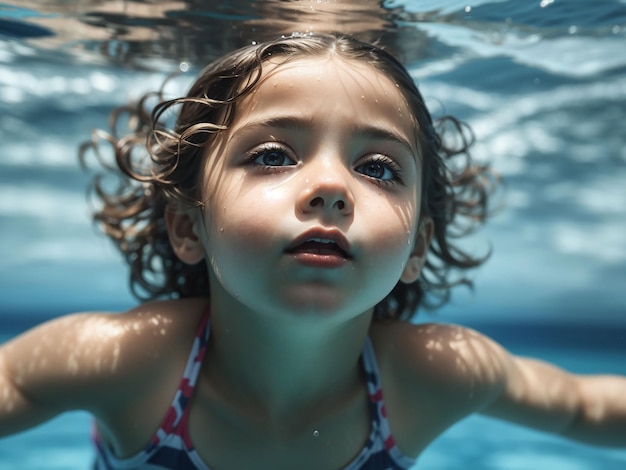 Kind schwimmt unter Wasser im blauen Meerwasser des Pools. Junge schwimmt im Meer