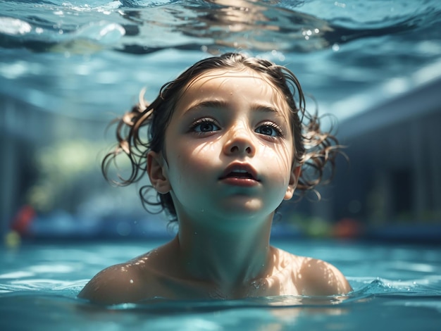 Kind schwimmt unter Wasser im blauen Meerwasser des Pools. Junge schwimmt im Meer