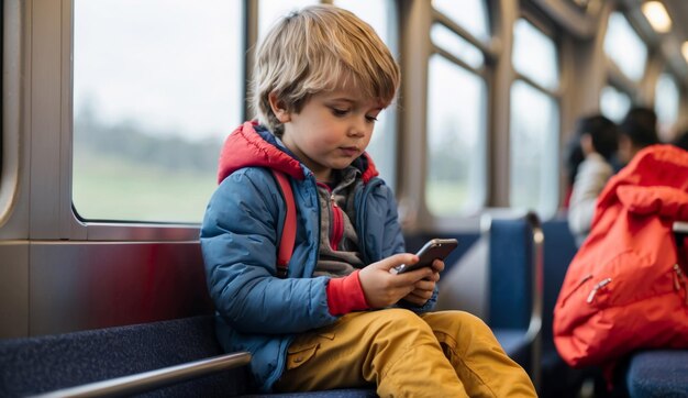 Kind sitzt in einem Zug und benutzt ein Handy