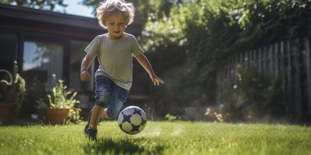 Kind spielt Fußball im Hinterhof Generative KI
