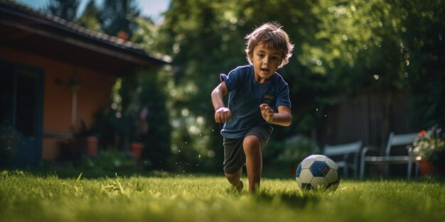 Kind spielt Fußball im Hinterhof Generative KI