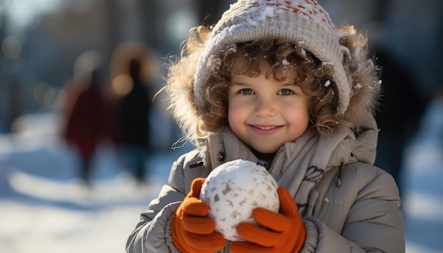 Kind spielt im Schnee und hält einen Schneeball in leuchtenden Farben