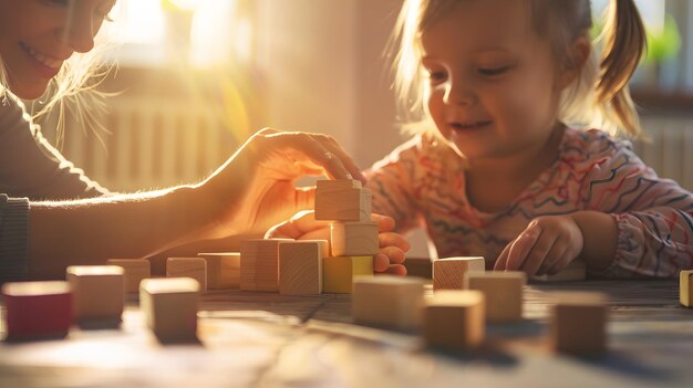 Foto kind spielt mit holzblöcken, ihre mutter ist neben ihrer hand, nahaufnahme generative ki