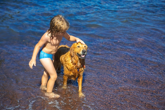 Kind spielt mit Hund am Strand kleiner Junge spielt mit Hund im Wasser