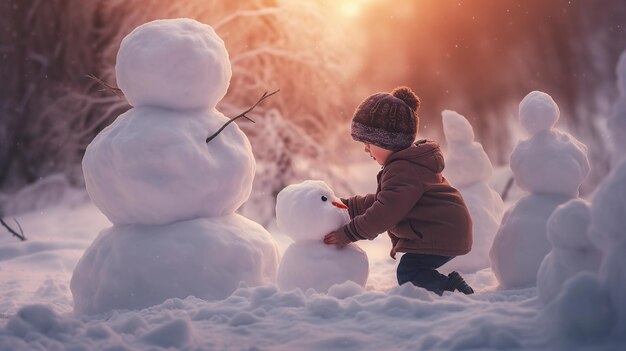 Kind spielt Schneemann bei Sonnenuntergang. Generative KI