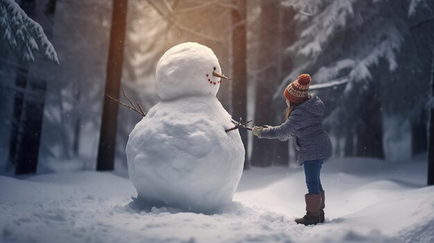 Kind spielt Schneemann bei Sonnenuntergang. Generative KI