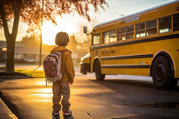 Kind steht früh am Morgen an der Bushaltestelle und wartet auf den näher kommenden Schulbus