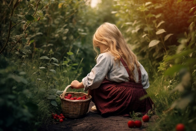 Kind süßes Mädchen Korbbeeren erzeugen Ai