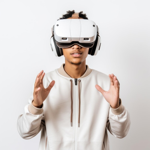 Kind trägt eine visuelle Brille und genießt die virtuelle Realität auf weißem Hintergrund
