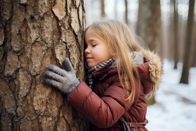 Kind umarmt Baum im Wald für Netto-Null- und kohlenstoffneutrales Konzept globale Co2- und Erwärmungsprobleme