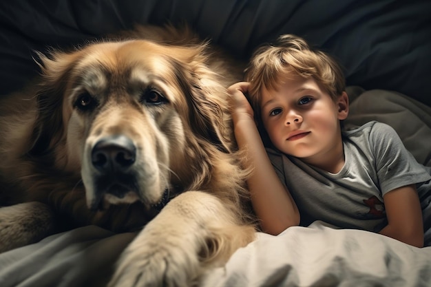 Kind und Hund ruhen zusammen auf dem Bett. Kind in der Nähe von Canine Companion Generative AI