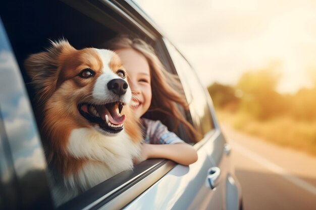 Kind und Hund stecken ihre Köpfe aus dem Autofenster