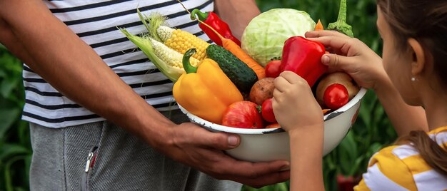 Kind und Vater halten frisches Gemüse in ihren Händen Selektiver Fokus