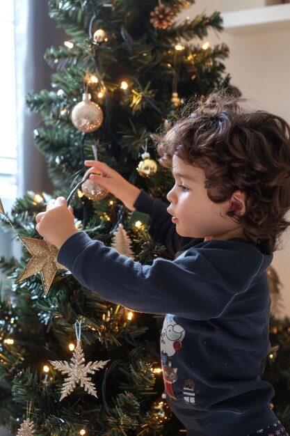 Kind vor dem Hintergrund eines Weihnachtsbaums Generative KI