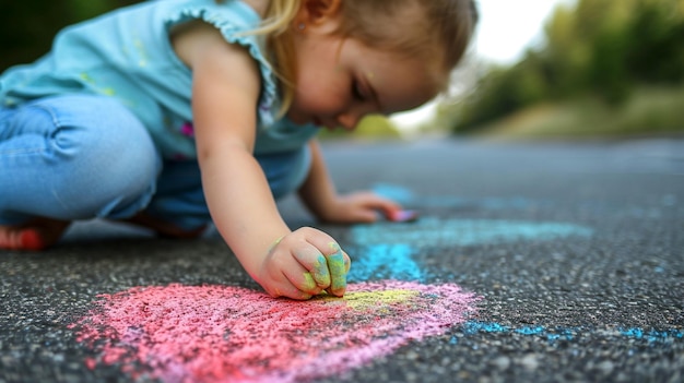 Foto kind zeichnet ein herz mit farbiger kreide auf den asphalt selektiver fokus generative ki