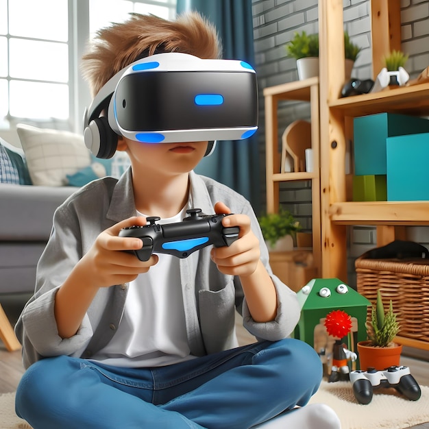 Kind zu Hause mit virtueller Realität VR mit RC-Fernbedienung zum Spielen