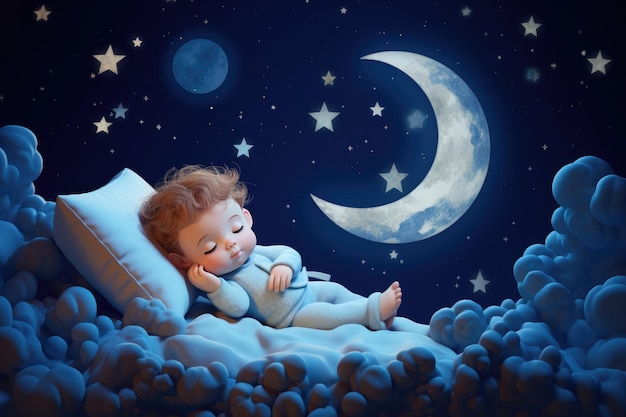 Kinder 3D-Illustration mit Mond und schlafendem Baby Schönes Poster für Kinderzimmer oder Schlafzimmer Kindliche Grußkarte