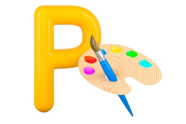 Kinder ABC Buchstabe P mit Pinsel mit Palette 3D-Rendering