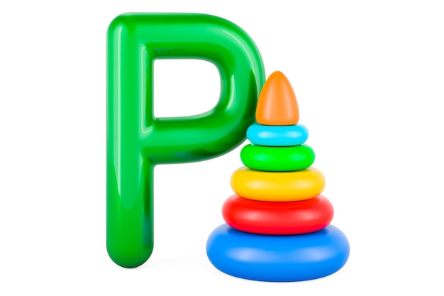 Kinder-ABC-Buchstabe P mit Pyramidenspielzeug 3D-Rendering
