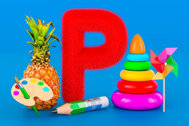 Kinder ABC flauschiger Buchstabe P mit Bleistift Windrad Pyramide Spielzeug Pinsel Ananas 3D-Rendering