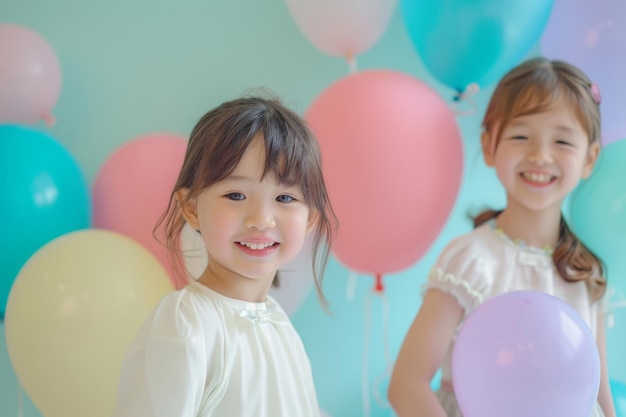 Foto kinder amüsieren sich auf einer geburtstagsfeier auf einem pastellfarbenen, einfachen hintergrund generative ki