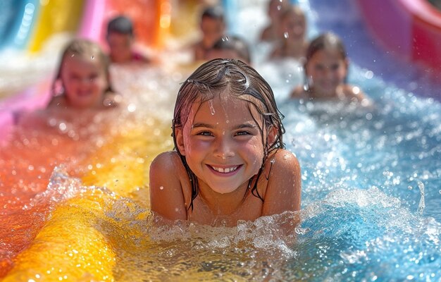 Foto kinder amüsieren sich, während sie im wasserpark rutschen