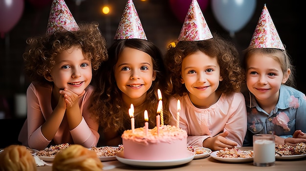 Kinder auf einer glücklichen Geburtstagsfeier mit einer riesigen Torte feiern zusammen mit Ballons